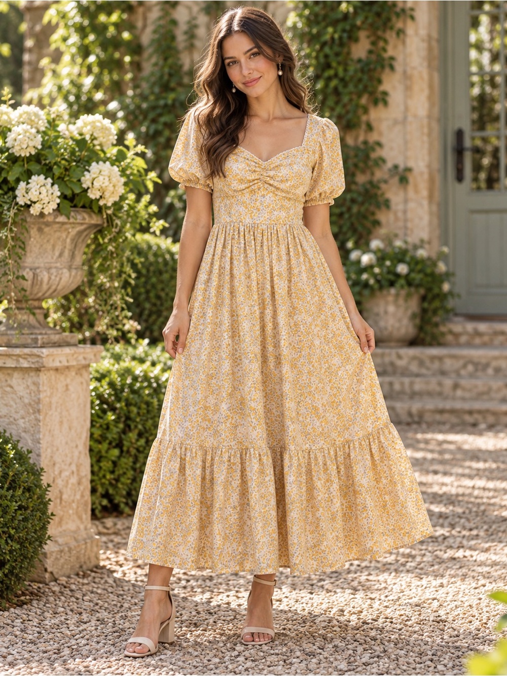 In Loom Yellow Floral Ruched Sweetheart Puff Sleeve Maxi Dress Size M